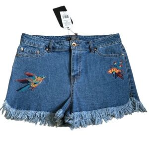 Highline Collective Embroidered Fringe Hem Denim Jean Shorts Floral/Bird NWT
